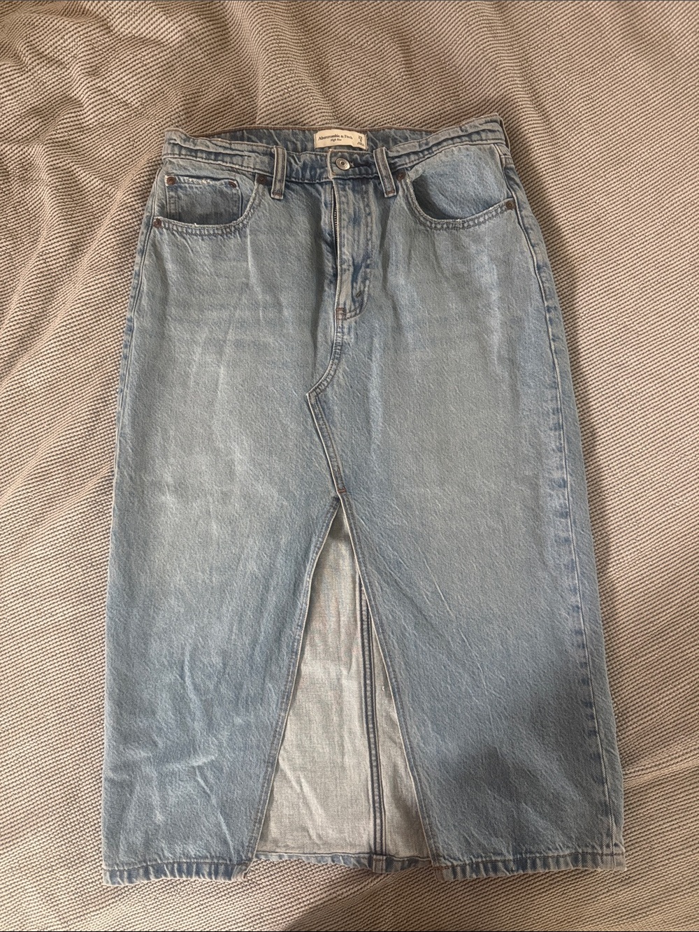 Abercrombie & Fitch Light Blue Denim Midi Skirt with Front Slit